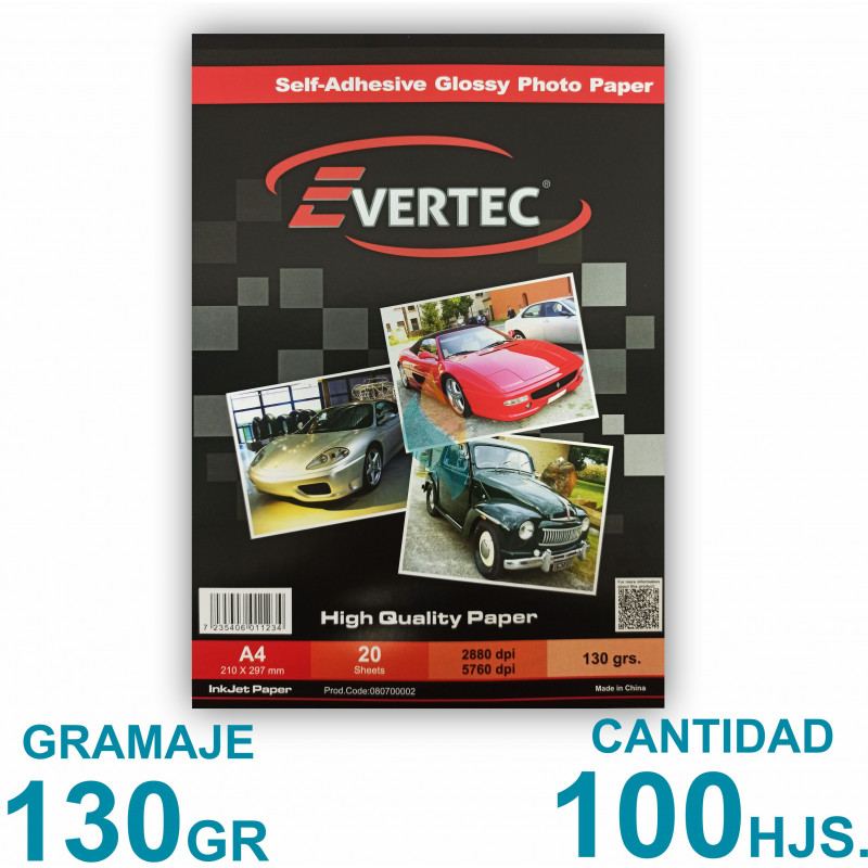 Papel Fotográfico Autoadhesivo A4 130 gr. Brillante x 100 hojas - Evertec