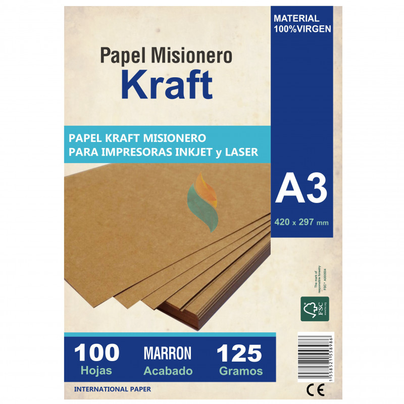 Papel Kraft Misionero A3 125 gr. x 100 hjs. Madera Marron