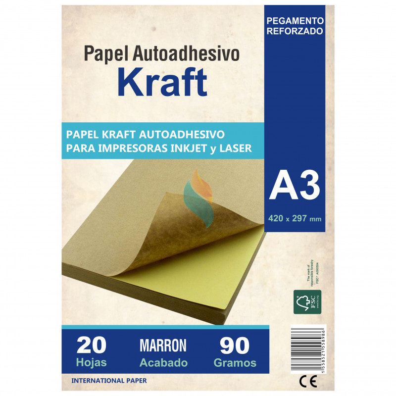 Papel Kraft Misionero Autoadhesivo A3 x20 hjs. Madera Marrón 80 gr.