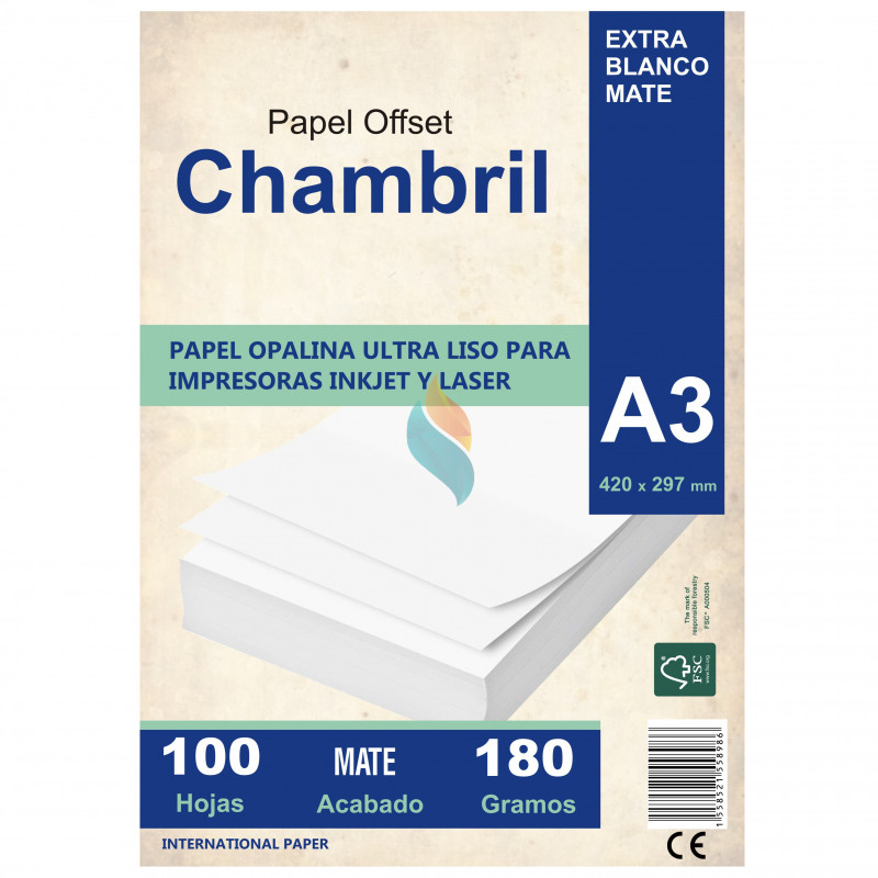 Papel Opalina Lisa Chambril A3 180 gr. 100 hojas