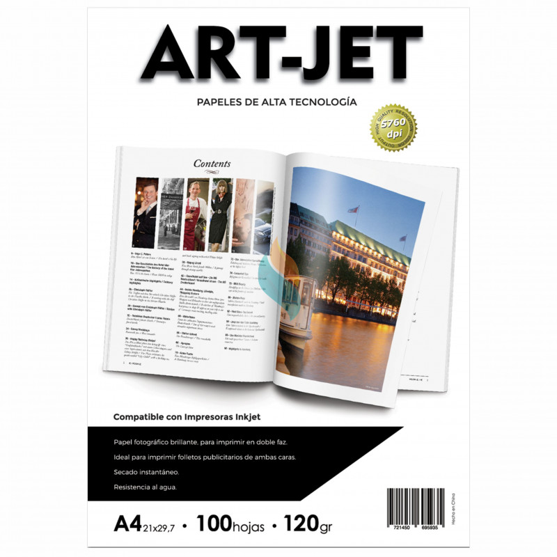 Papel Fotográfico A4 120 gr. Brillante, Doble Faz, x 100 hojas - Art Jet