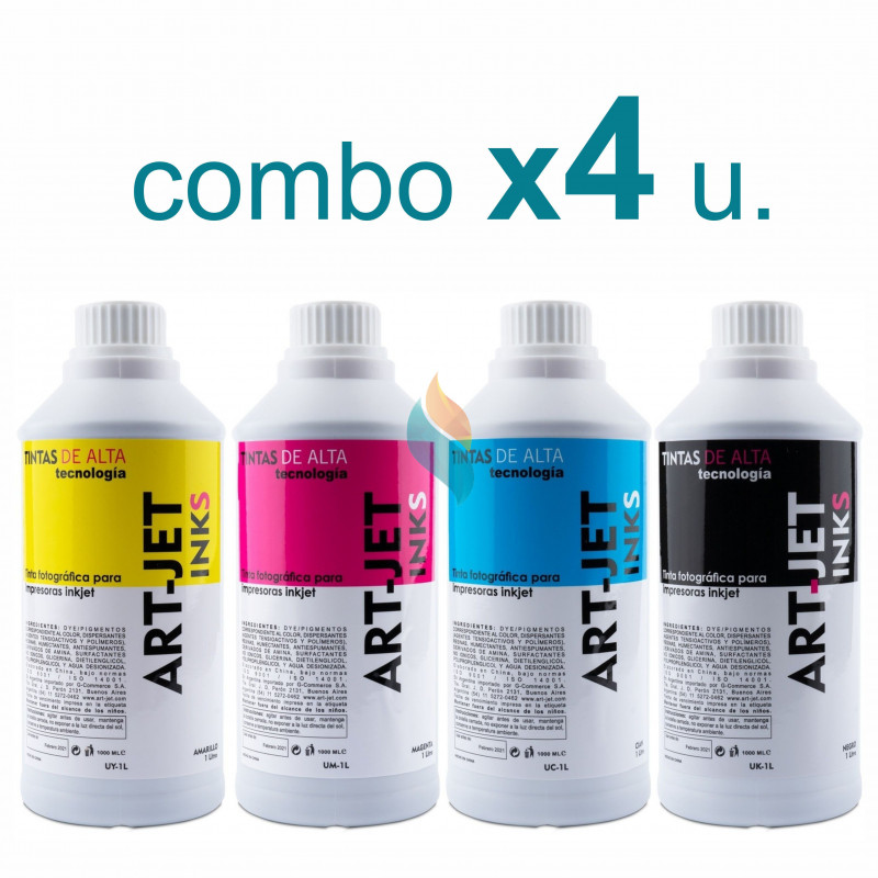 Tinta DYE Fotográfica Comercial ART JET Combo x 4 u. 1lt. c/u. 4lts TOTAL para Sistema Continuo Epson, Hp, Brother