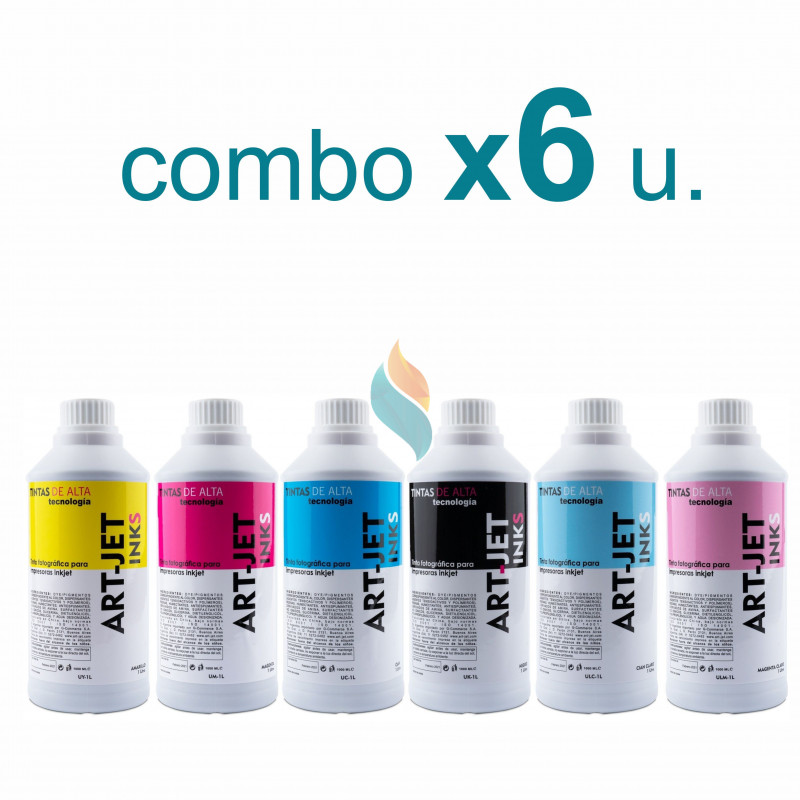 Tinta DYE Fotográfica Comercial ART JET Combo x 6 u. 1lt. c/u. 6 lts. TOTAL para Sistema Continuo Epson, Hp, Brother