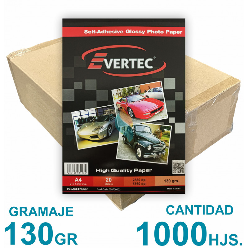 Papel Fotográfico Autoadhesivo A4 130 gr. Brillante x 1000 hojas - Evertec PRECIO MAYORISTA