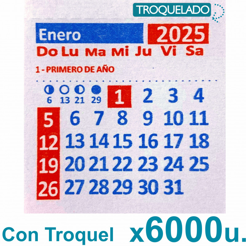 Almanaque 2025 Calendario Mignon Mensual 5.5x5 cm. Con Troquelado x6000u. PRECIO MAYORISTA