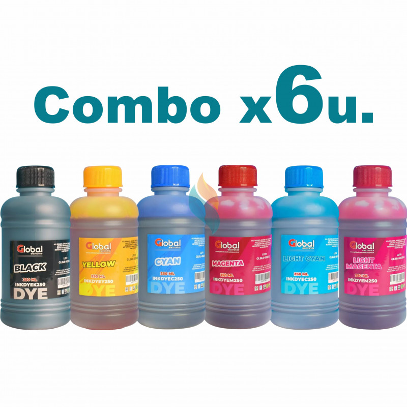Tinta DYE Fotográfica Comercial Global Electronic Combo x 6 u. 250 ml. c/u para Sistema Continuo Epson, Hp, Brother